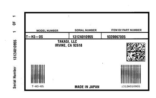 Takagi Water Heater Model Number & Serial NUmber Ratings Plate